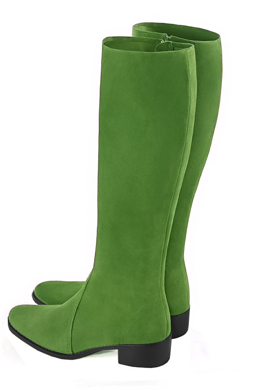 Grass green women's riding knee-high boots. Round toe. Low leather soles. Made to measure. Rear view - Florence KOOIJMAN